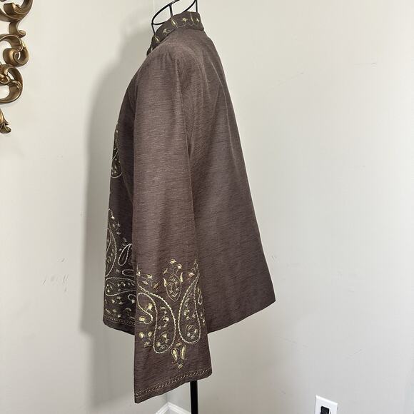 Silk Land Silk Pearl Button Jacket Women Size LG Brown with Green Embroidery - Picture 5 of 11